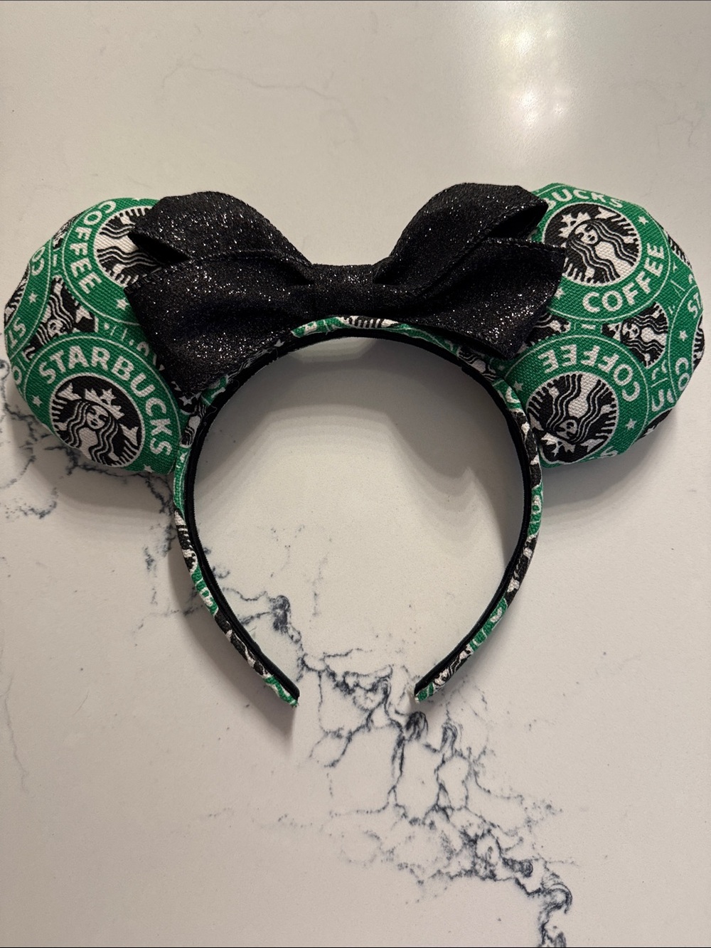 Starbucks Green and Black Logo Minnie Ear Headband with Black Glitter Bow